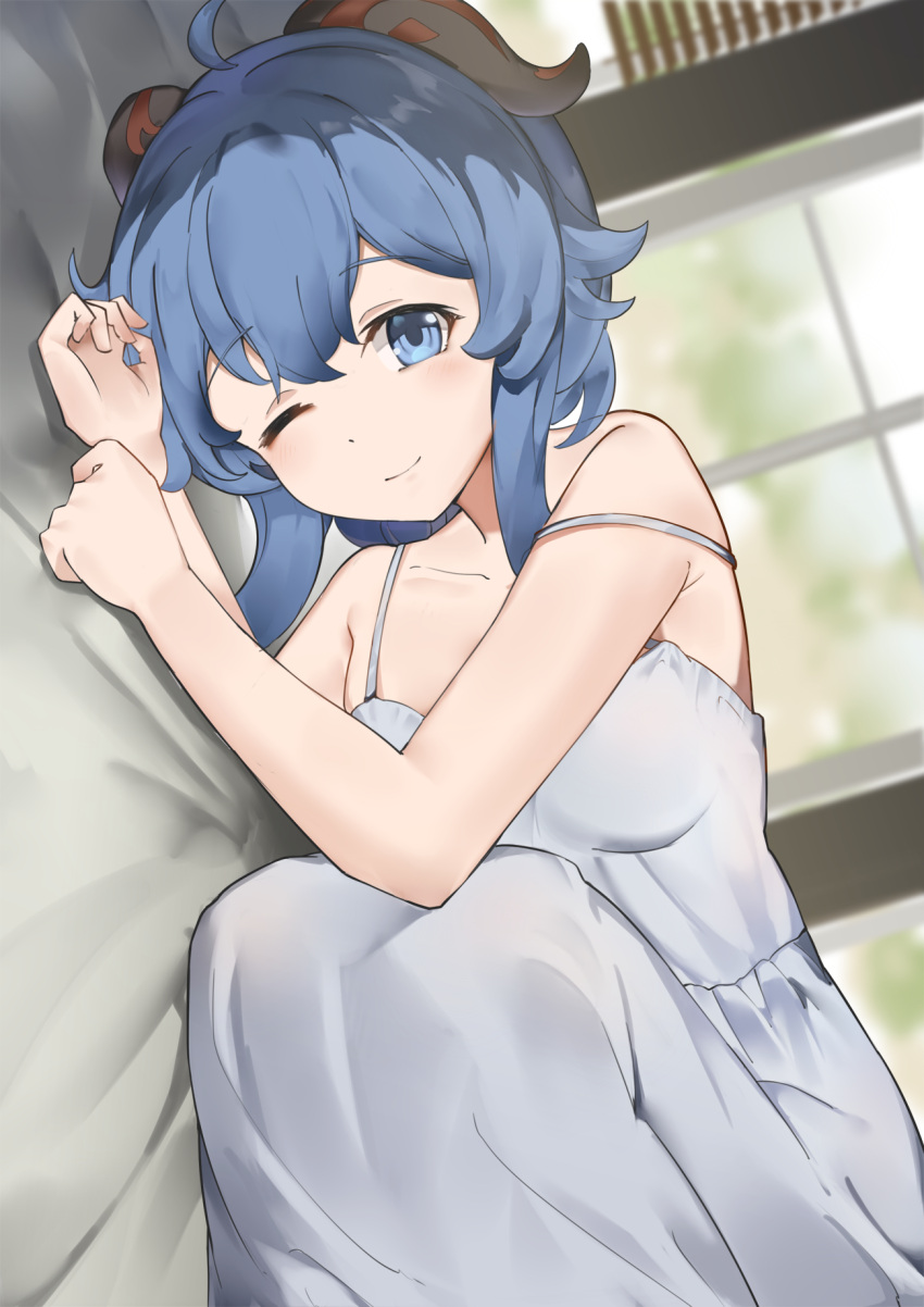 1girl ;) bangs bare_shoulders blue_eyes blue_hair blush dress dutch_angle eyebrows_visible_through_hair ganyu_(genshin_impact) genshin_impact hair_between_eyes highres horns indoors looking_at_viewer lying medium_hair on_side one_eye_closed ruisha smile solo summer sundress white_dress