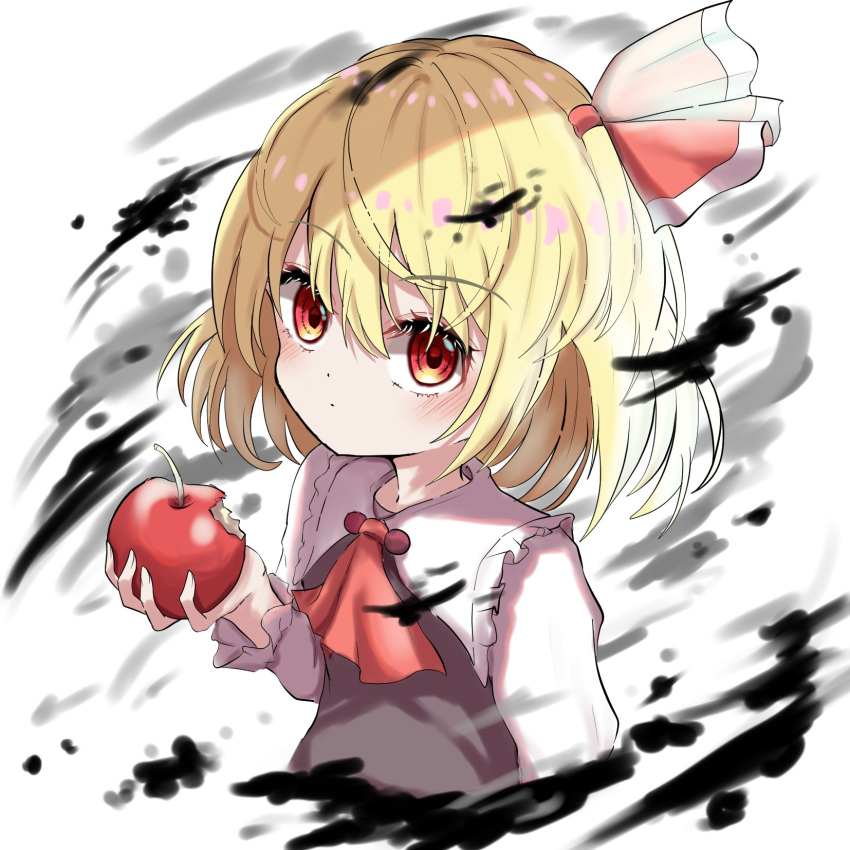 1girl apple ascot bangs black_vest blonde_hair blush closed_mouth commentary darkness dot_nose eyebrows_visible_through_hair food fruit hair_between_eyes hair_ribbon highres holding holding_food holding_fruit kayon_(touzoku) long_sleeves looking_at_viewer red_eyes red_neckwear red_ribbon ribbon rumia shirt short_hair touhou upper_body vest white_shirt