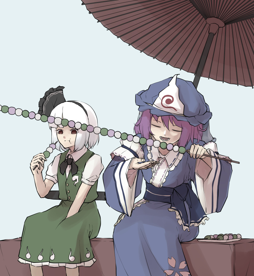 2girls absurdres arm_garter bangs black_hairband black_neckwear black_ribbon blue_kimono blunt_bangs dango eating empty_eyes food food_in_mouth green_vest hairband hat highres hitodama_print japanese_clothes kimono konpaku_youmu long_sleeves mob_cap multiple_girls oil-paper_umbrella open_mouth peroponesosu. pink_hair pointing red_eyes ribbon saigyouji_yuyuko shirt simple_background sweatdrop touhou triangular_headpiece umbrella vest wagashi white_background white_hair white_shirt wide_sleeves