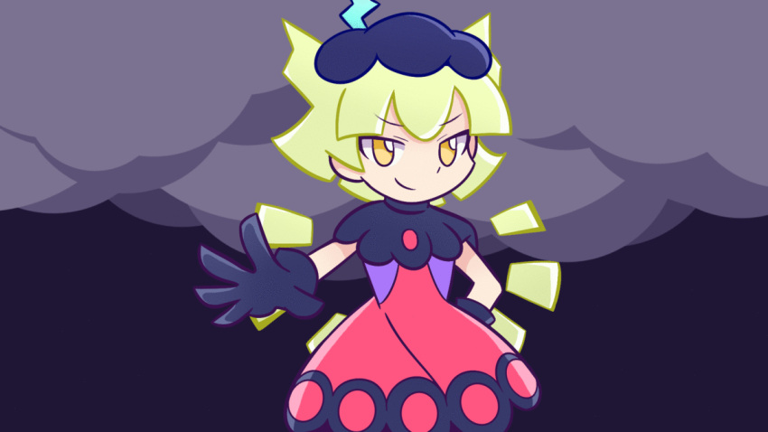 animated animated_gif black_gloves blonde_hair clouds gloves imrqueso long_skirt marle_(puyopuyo) neckwear pink_skirt puyopuyo puyopuyo_tetris skirt smile smug tetris thunder wings yellow_eyes