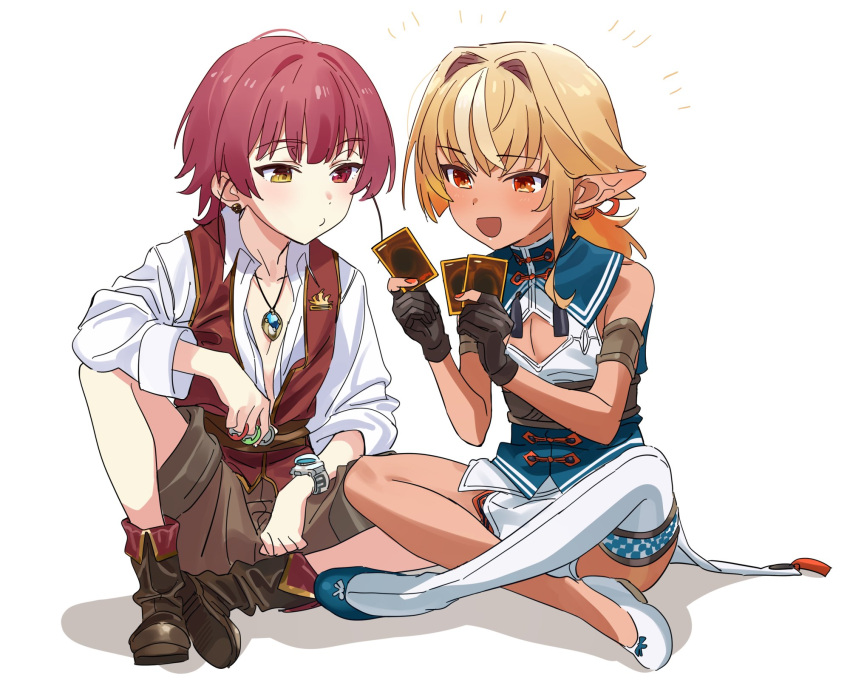 2boys black_gloves blonde_hair brown_shorts cleavage_cutout clothing_cutout earrings elf genderswap genderswap_(ftm) gloves heterochromia highres hololive houshou_marine indian_style jewelry male_focus multiple_boys necklace open_mouth orange_eyes pendant pointy_ears ponytail red_eyes redhead shiranui_flare shorts single_thighhigh sitting smile thigh-highs trading_card vest virtual_youtuber watch watch yellow_eyes yomosaka younger yu-gi-oh!