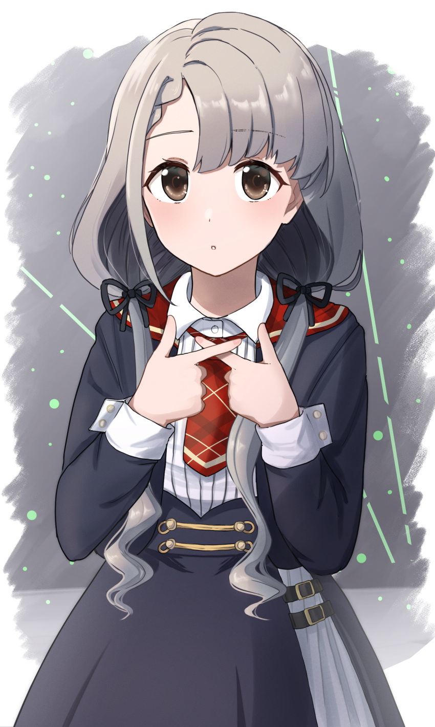 1girl absurdres bangs black_dress black_ribbon bow braid brown_eyes cowboy_shot crossed_fingers dress expressionless eyebrows_visible_through_hair grey_background hair_bow hair_ribbon hands_on_own_chest highres hisakawa_nagi idolmaster idolmaster_cinderella_girls idolmaster_cinderella_girls_starlight_stage long_hair long_sleeves looking_at_viewer low_twintails necktie nemu_(46_2367teimei) parted_lips plaid_neckwear pointing red_neckwear ribbon short_necktie side_braid silver_hair solo standing twintails very_long_hair w_arms