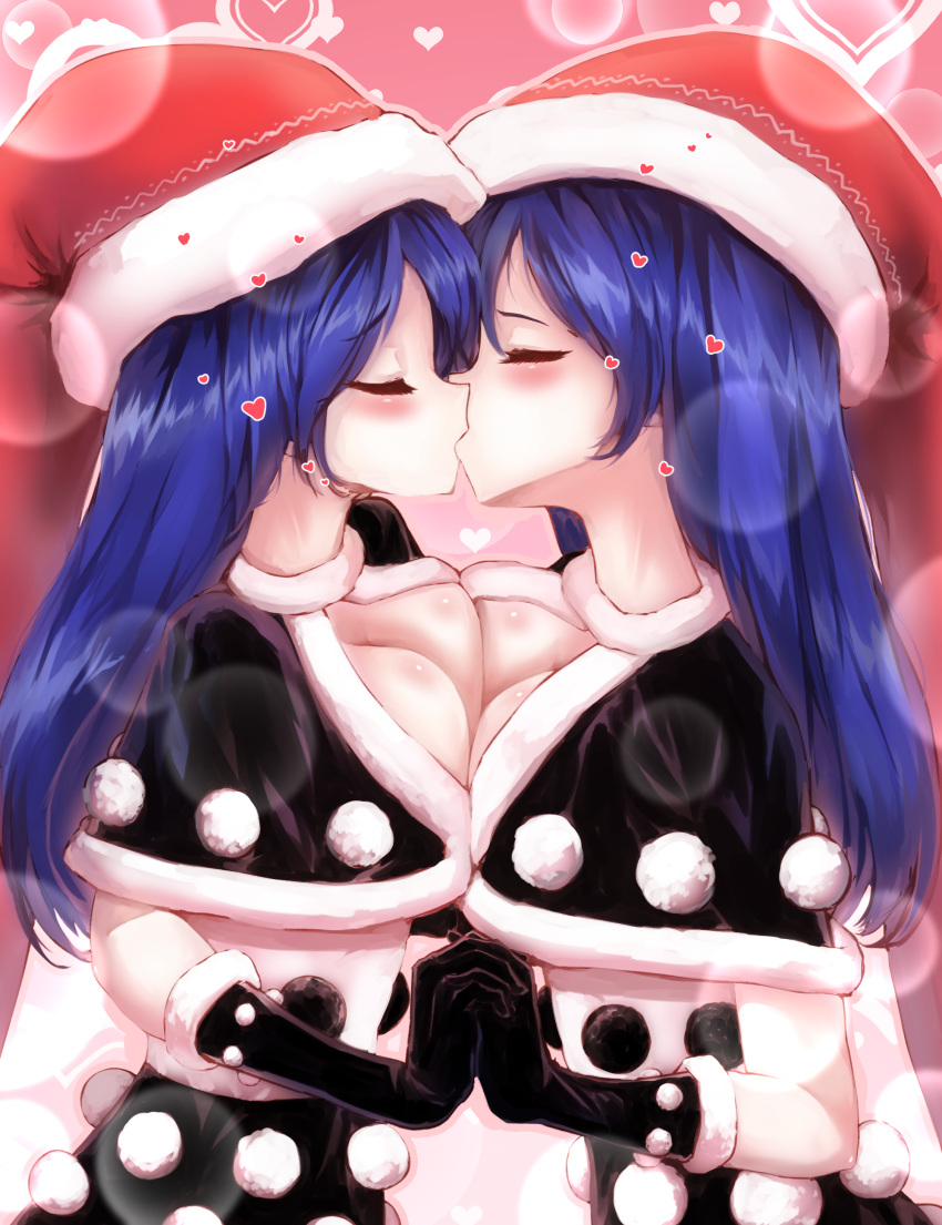 2girls absurdres blue_eyes blue_hair breast_press closed_eyes doremy_sweet dress hat highres holding_hands kiss multiple_girls nightcap pom_pom_(clothes) selfcest sunyup symmetrical_docking touhou