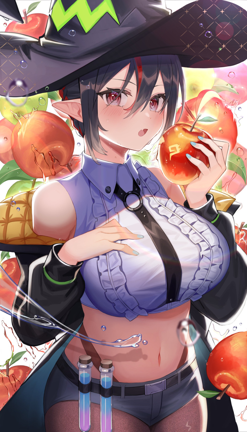 1girl :o absurdres amahara_subaru apple bangs bare_shoulders black_hair black_headwear black_jacket black_shorts blue_nails blush breasts brown_legwear collared_shirt commentary_request cowboy_shot crop_top eating eyebrows_visible_through_hair fang food frilled_shirt frills fruit fruit_background hair_between_eyes hand_on_own_chest hands_up hat highres holding holding_food holding_fruit indie_virtual_youtuber isonade_orca jacket large_breasts long_sleeves looking_at_viewer micro_shorts multicolored_hair nail_polish navel off_shoulder open_clothes open_jacket pantyhose pointy_ears puffy_long_sleeves puffy_sleeves red_eyes redhead shirt short_hair shorts sidelocks skin_fang solo standing stomach streaked_hair test_tube virtual_youtuber white_shirt witch_hat