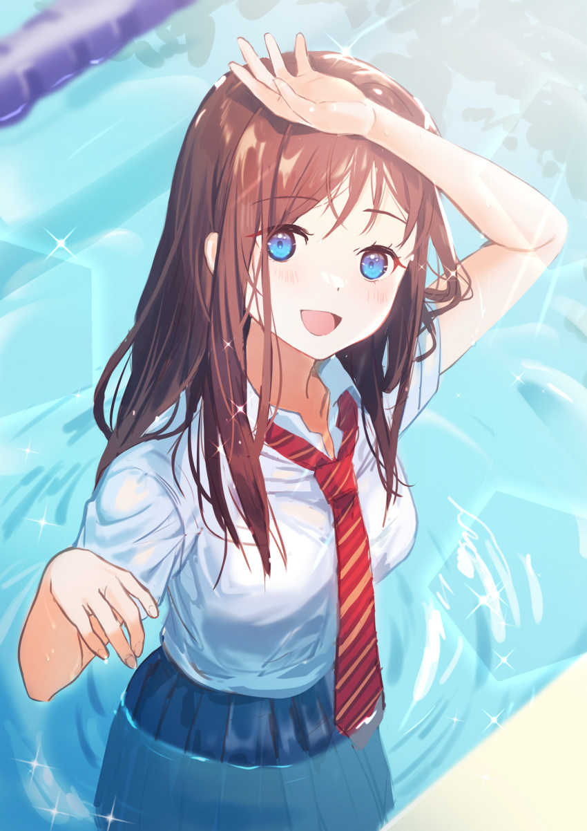 1girl absurdres akaike blue_eyes blush breasts brown_hair caustics hand_on_forehead highres huge_filesize lane_line large_breasts long_hair looking_at_viewer necktie original pool red_neckwear school_uniform shirt smile uniform wading wet wet_clothes wet_shirt white_shirt