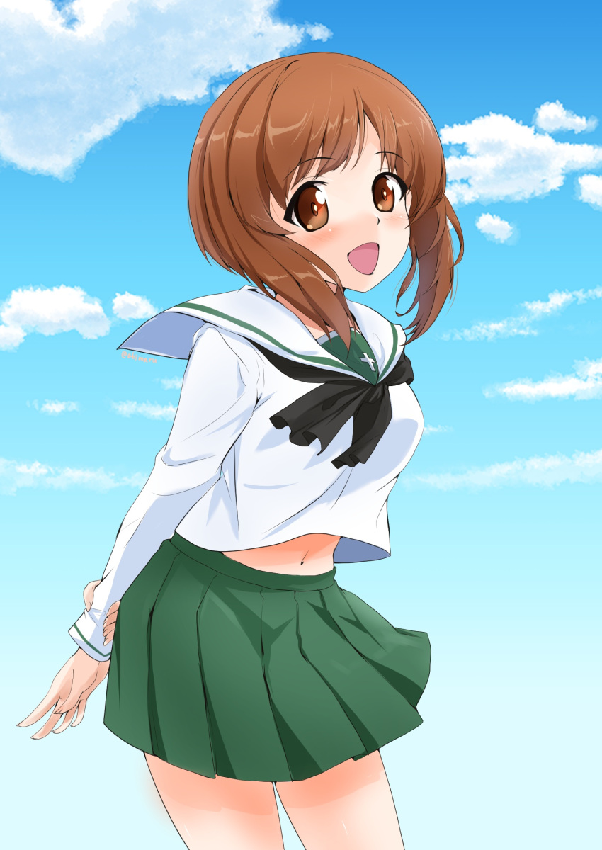 1girl :d abimaru_gup arm_behind_back bangs black_neckwear blouse blue_sky brown_eyes brown_hair clouds cloudy_sky commentary_request day eyebrows_visible_through_hair girls_und_panzer green_skirt hand_on_own_arm highres long_sleeves looking_at_viewer midriff_peek miniskirt navel neckerchief nishizumi_miho ooarai_school_uniform open_mouth outdoors partial_commentary pleated_skirt sailor_collar school_uniform serafuku short_hair skirt sky smile solo standing white_blouse white_sailor_collar wind