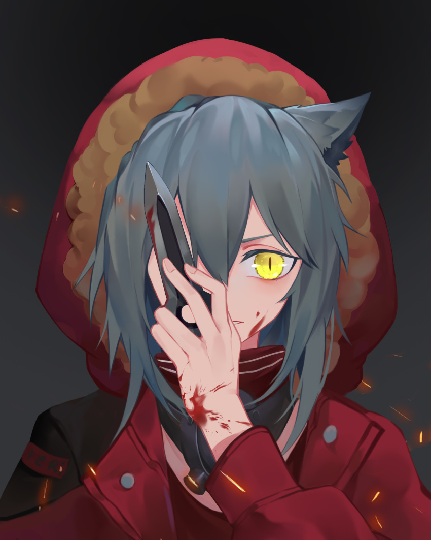 1girl absurdres animal_ears arknights bangs blood blood_on_face blood_on_hands fur-trimmed_jacket fur_trim grey_hair hair_between_eyes highres holding holding_knife holding_weapon jacket knife looking_at_viewer medium_hair projekt_red_(arknights) rain-kun red_jacket solo v-shaped_eyebrows weapon wolf_ears wolf_girl yellow_eyes