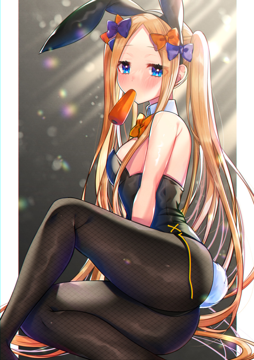 1girl abigail_williams_(fate) akirannu animal_ears ass backlighting bangs bare_shoulders black_bow black_leotard blonde_hair blue_eyes blush bow breasts brown_legwear carrot detached_collar fate/grand_order fate_(series) fishnet_legwear fishnets forehead hair_bow highleg highleg_leotard highres leotard light_rays long_hair looking_at_viewer mouth_hold multiple_bows orange_bow pantyhose parted_bangs playboy_bunny rabbit_ears rabbit_tail sitting small_breasts solo strapless strapless_leotard tail twintails