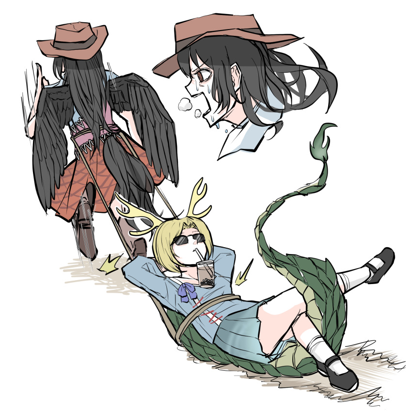 2girls arms_behind_head black_hair blonde_hair blue_shirt bobby_socks boots bound bound_torso brown_footwear bubble_tea_challenge commentary_request cowboy_hat dragon_horns dragon_tail dress eyebrows_visible_through_hair green_skirt hat highres horns horse_tail kicchou_yachie kurokoma_saki long_hair long_sleeves mary_janes multicolored multicolored_clothes multiple_girls open_mouth pegasus_wings peroponesosu. plaid plaid_skirt pleated_dress puffy_short_sleeves puffy_sleeves red_eyes rope running scarf shirt shoes short_hair short_sleeves skirt socks sunglasses sweat tail touhou turtle_shell white_background