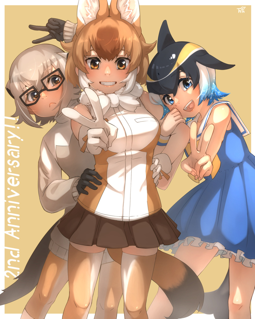 3girls :&lt; :d absurdres animal_ear_fluff animal_ears anniversary bangs black-framed_eyewear black_gloves black_skirt blowhole blue_dress blue_eyes blue_hair brown_eyes commentary_request common_dolphin_(kemono_friends) dhole_(kemono_friends) dolphin_tail dorsal_fin dress frilled_dress frills fur_collar glasses gloves grey_hair grin hair_between_eyes hand_on_hip highres kemono_friends kemono_friends_3 light_brown_hair long_sleeves looking_at_viewer meerkat_(kemono_friends) multicolored_hair multiple_girls open_mouth pleated_skirt sailor_dress short_hair simple_background skirt sleeveless sleeveless_dress smile sweater tail teeth thigh-highs thin_(suzuneya) v white_gloves white_hair yellow_background zettai_ryouiki