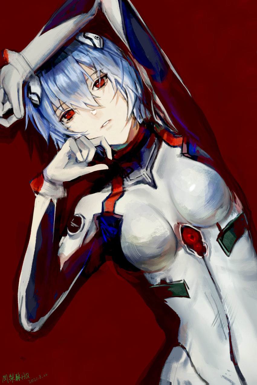 1girl absurdres arm_above_head ayanami_rei bangs blue_hair bodysuit breasts covered_collarbone dated hand_on_own_cheek hand_on_own_face highres looking_at_viewer lying multicolored multicolored_clothes neon_genesis_evangelion on_back parted_lips plugsuit red_background red_eyes short_hair signature simple_background solo tenderina_123 upper_body white_bodysuit