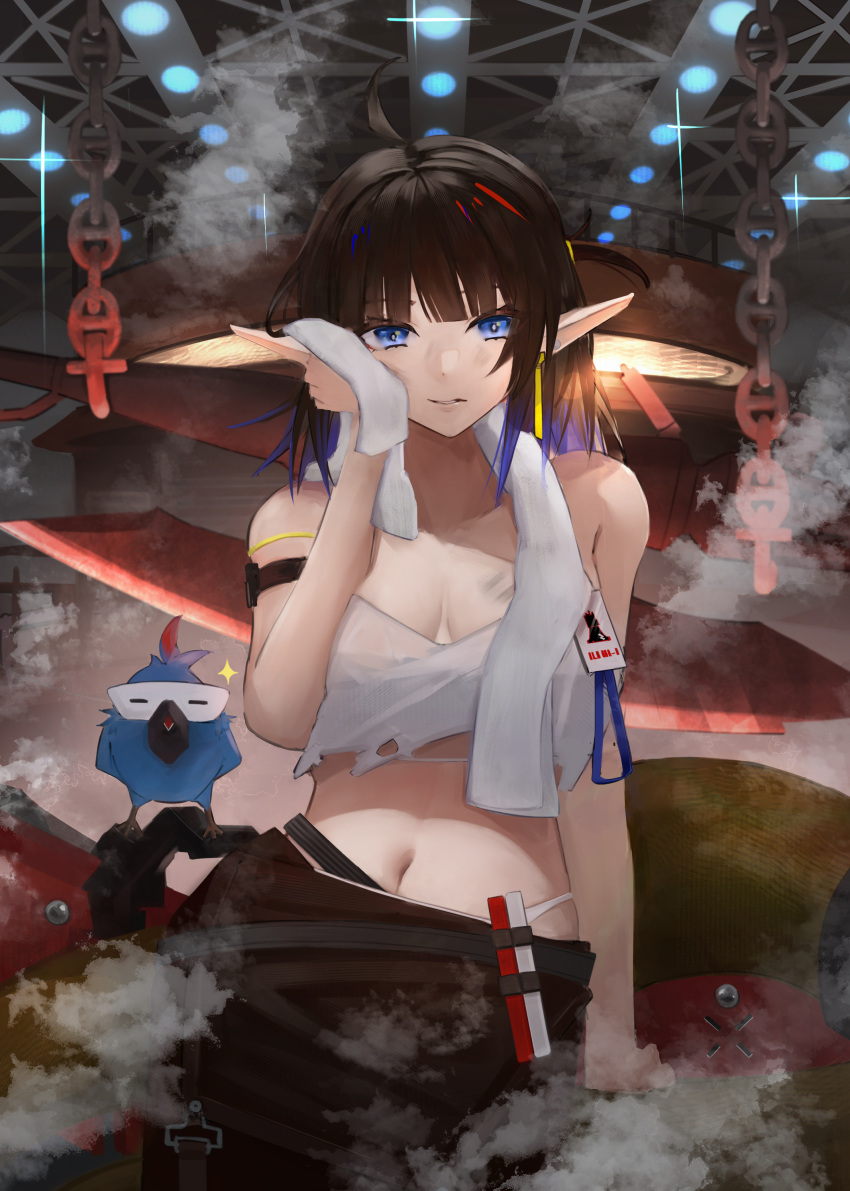 1girl absurdres anaconda arknights arm_strap bird black_hair blue_eyes blue_hair breasts breasts_apart brown_pants camisole clenched_teeth colored_inner_hair cowboy_shot crop_top eunectes_(arknights) eunectes_(forgemaster)_(arknights) high_priest_(arknights) highres id_card large_breasts leaning_on_object looking_at_viewer mal_(malqsm) midriff multicolored_hair navel official_alternate_costume pants panty_straps parted_lips pointy_ears rhodes_island_logo shirt snake_tail spaghetti_strap steam tail tank_top teeth torn_clothes torn_shirt towel white_tank_top
