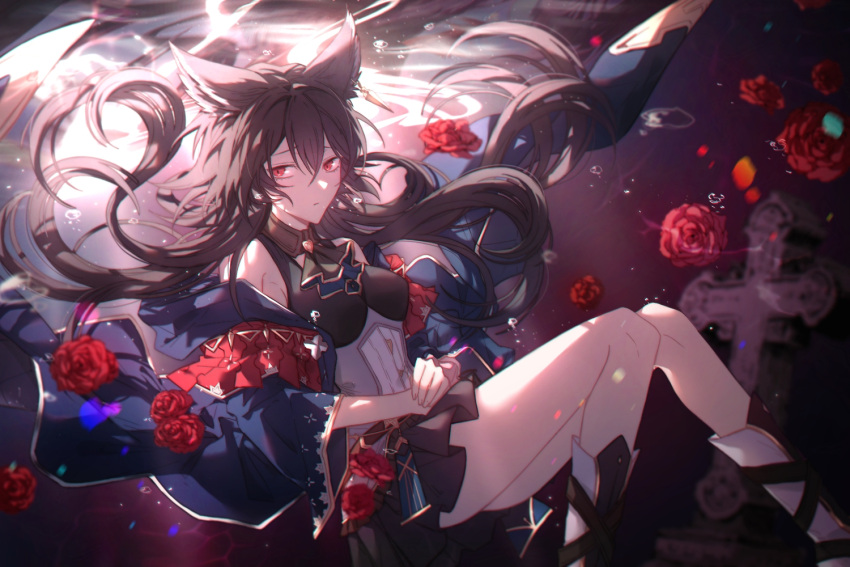 1girl air_bubble animal_ears ascot bangs bare_legs black_hair boots breasts bubble caustics cloak closed_mouth collared_dress commentary_request dress earrings erune feet_out_of_frame flower granblue_fantasy hands_on_lap jewelry long_hair looking_at_viewer medium_breasts nier_(granblue_fantasy) off_shoulder pollity raised_eyebrows red_eyes rose sleeveless sleeveless_dress solo submerged tombstone underwater