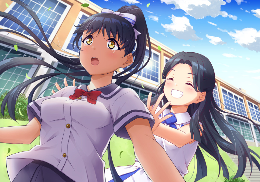 2girls bangs black_hair breasts building closed_eyes clouds cloudy_sky commentary_request hazuki_hana hazuki_ren leaves_in_wind long_hair love_live! love_live!_superstar!! medium_breasts mother_and_daughter multiple_girls pushing qy73 school sky yellow_eyes