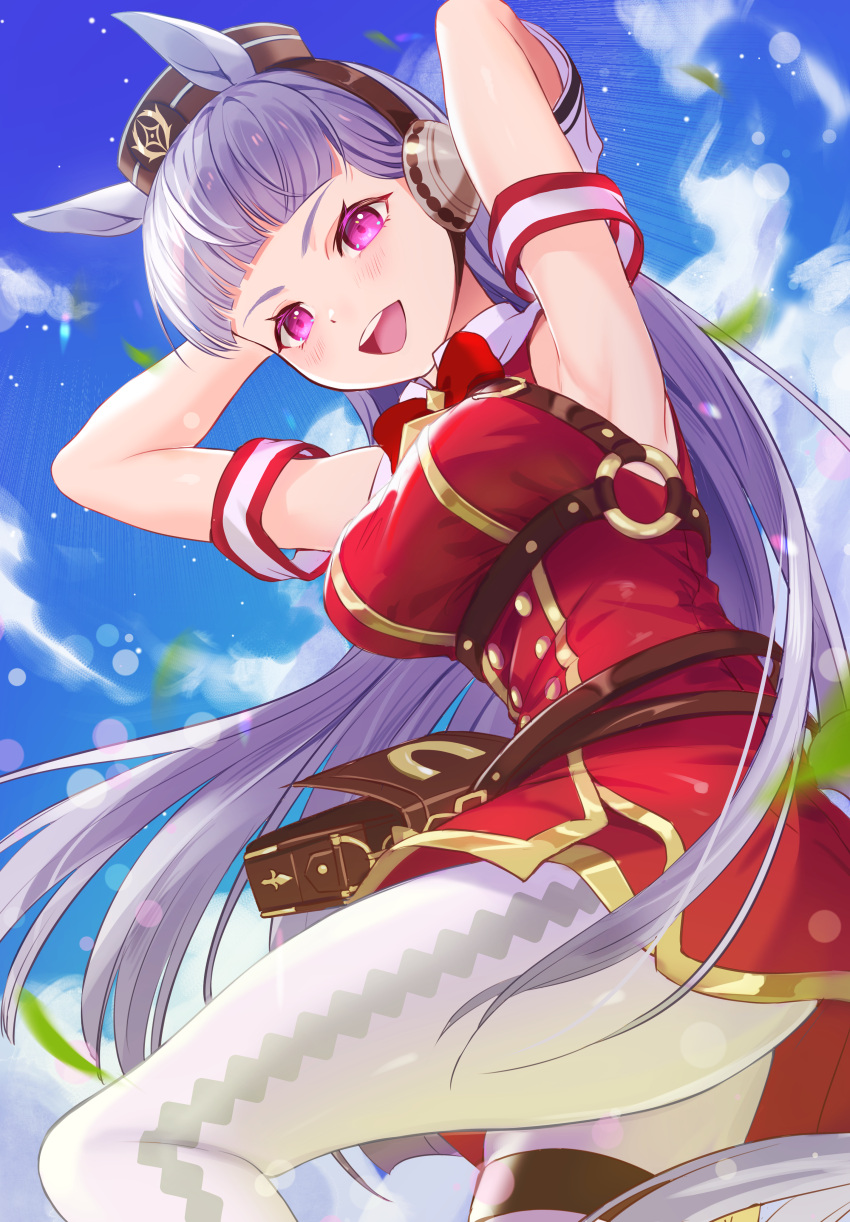 1girl absurdres akaike animal_ears armpits arms_up bangs blue_sky blunt_bangs blurry blush bokeh clouds depth_of_field from_below from_side gold_ship_(umamusume) grey_hair hat highres horse_ears horse_girl horse_tail leaf leather_bag pantyhose pink_eyes pouch sky smile solo tail thigh_strap umamusume