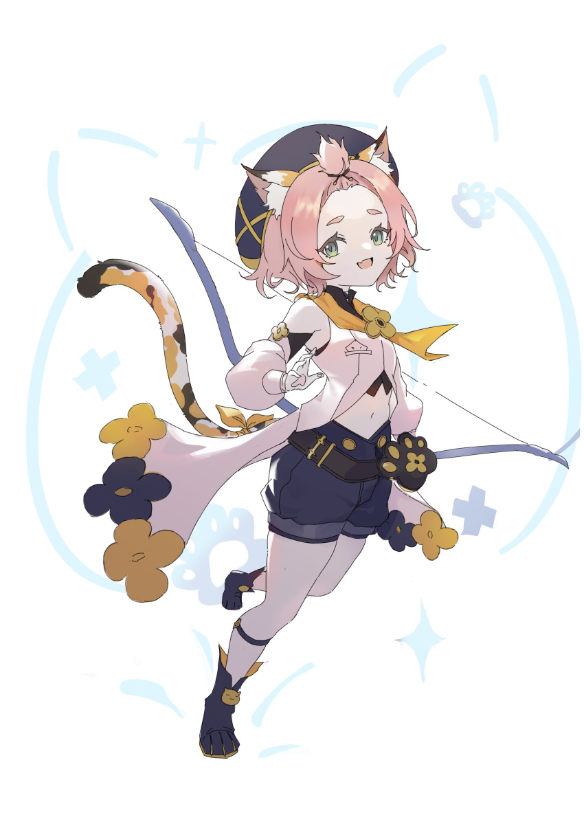 1girl :d absurdres animal_ears bangs bare_shoulders beret black_shorts bow_(weapon) cat_ears cat_girl cat_tail coat diona_(genshin_impact) forehead genshin_impact green_eyes hat highres holding holding_bow_(weapon) holding_weapon looking_at_viewer navel neckerchief open_mouth pink_hair short_hair shorts simple_background smile tail weapon white_background white_coat white_sleeves yellow_neckerchief younajiangaaa