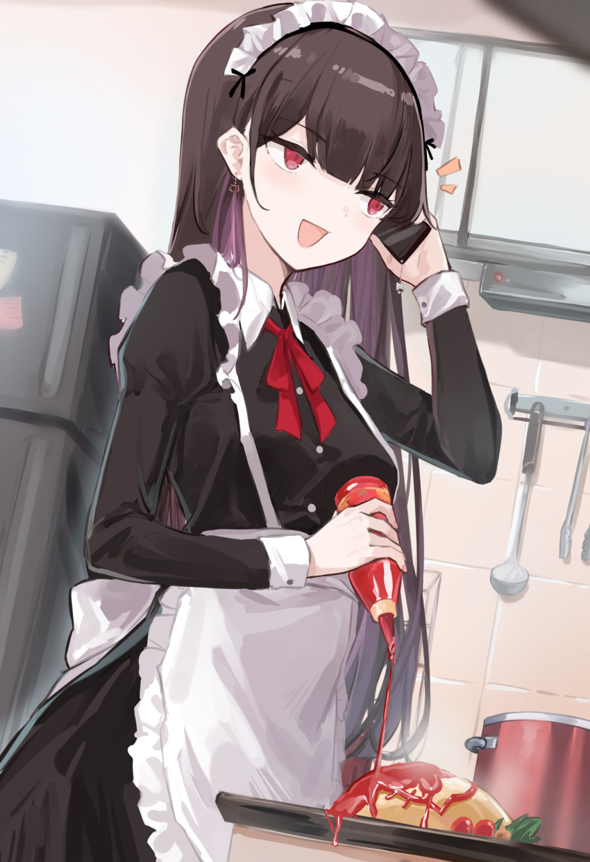 1girl 7gao apron black_dress cellphone collared_dress distracted dress earrings food highres jewelry juliet_sleeves ketchup ketchup_bottle kitchen long_sleeves maid maid_apron maid_headdress neck_ribbon omurice open_mouth original pantyhose phone puffy_sleeves red_eyes red_ribbon refrigerator ribbon shirt smartphone spilling standing talking_on_phone white_apron