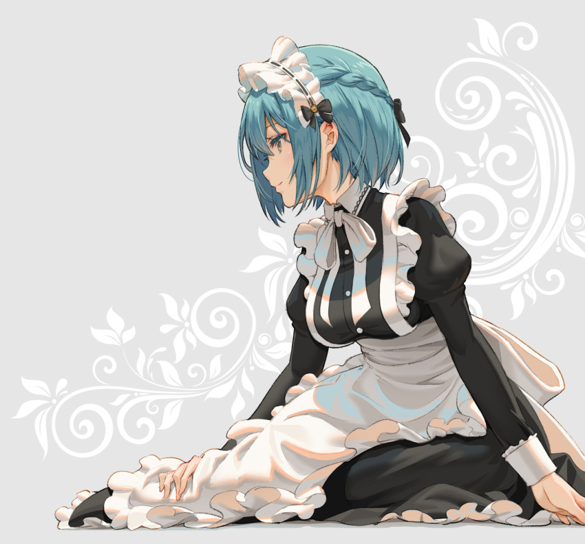 1girl alice_gear_aegis apron black_ribbon blue_hair brown_eyes closed_mouth commentary_request frills highres looking_away maid maid_apron maid_headdress mia_viosin pinakes puffy_sleeves ribbon sitting smile solo