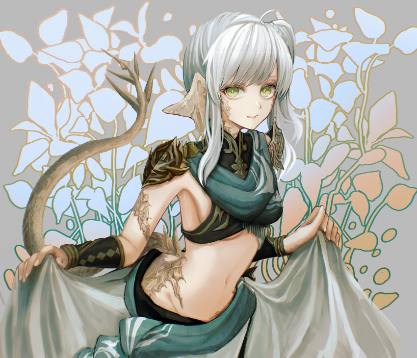 1girl absurdres armor au_ra bangs braid breasts brown_eyes dragon_tail eyebrows_visible_through_hair final_fantasy final_fantasy_xiv green_eyes grey_background grey_hair hands_up highres holding huge_filesize looking_at_viewer medium_breasts medium_hair midriff navel scales shiny shiny_hair shoulder_armor skirt_hold smile solo stomach straw_like tail