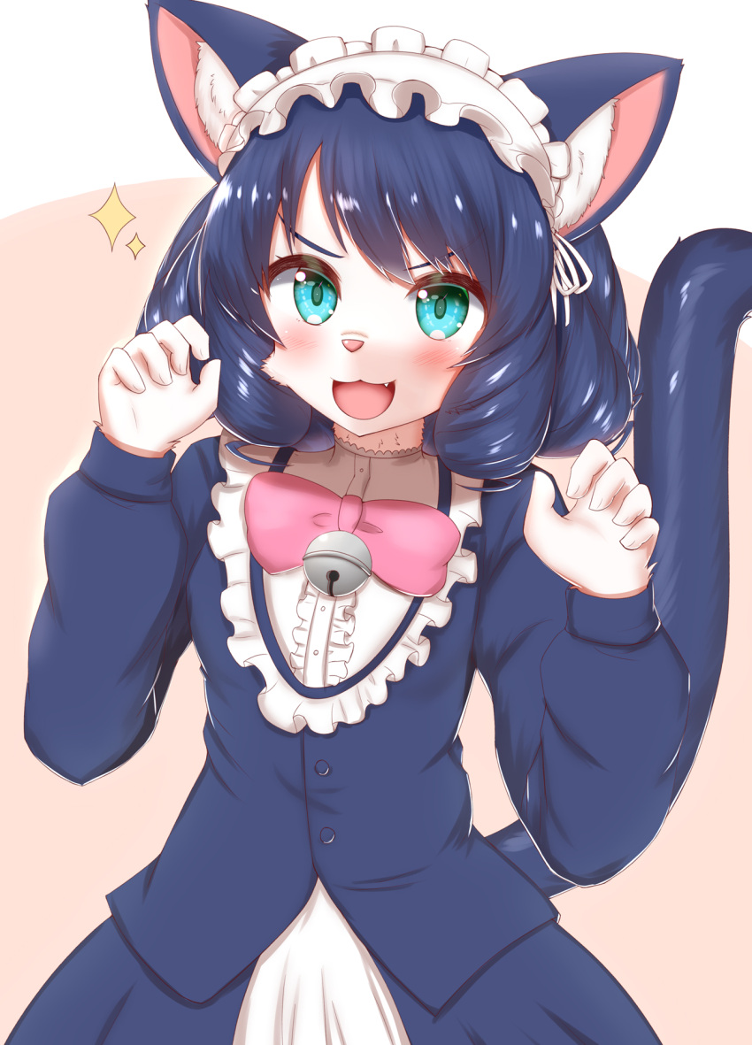 &gt;:) 1girl :3 :d animal_ear_fluff animal_ears animal_nose aqua_eyes bangs bell blue_fur blue_hair blush body_fur bow cat cat_ears cat_girl cat_tail commentary cowboy_shot cyan_(show_by_rock!!) fang furrification furry furry_female gothic_lolita highres horokusa_(korai) lolita_fashion long_hair looking_at_viewer maid_headdress open_mouth paw_pose pink_bow show_by_rock!! smile solo tail v-shaped_eyebrows white_fur