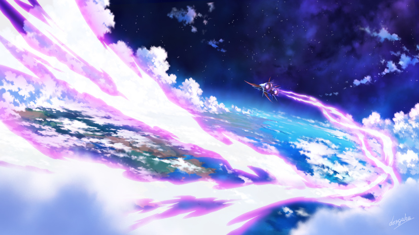 aircraft airship clouds commentary den_dengaku flying highres night night_sky no_humans ocean scenery signature sky star_(sky) wild_arms wild_arms_3