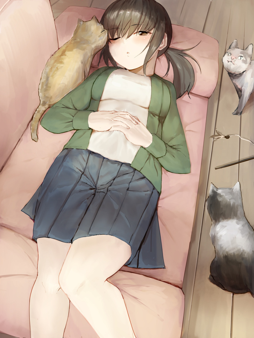 1girl alternate_costume beige_sweater black_eyes black_hair blue_skirt cat feet_out_of_frame fubuki_(kancolle) green_jacket highres honmakaina_kudou jacket kantai_collection long_hair low_ponytail lying open_clothes open_jacket own_hands_clasped own_hands_together pleated_skirt ponytail short_ponytail sidelocks skirt solo wooden_floor