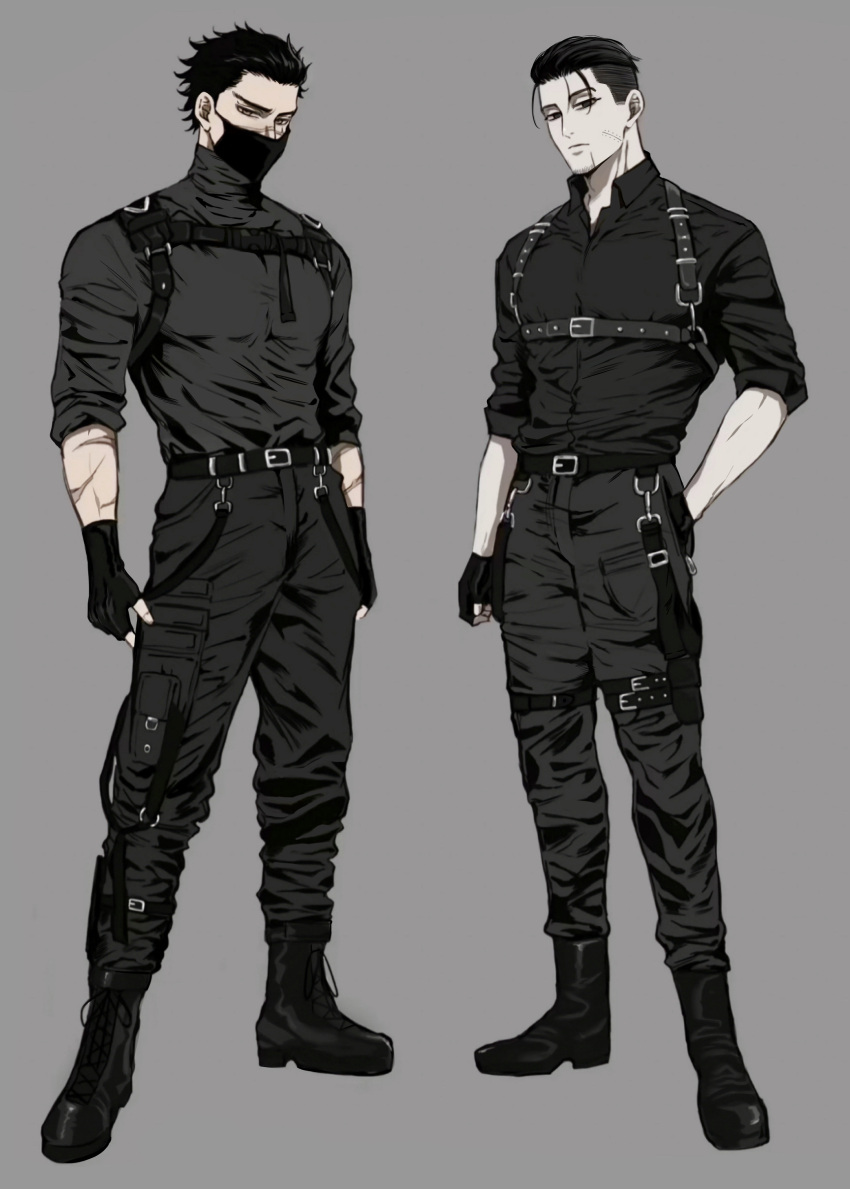 2boys absurdres alternate_costume black_eyes black_hair black_mask black_pants black_shirt boots chest_harness facial_hair golden_kamuy hair_slicked_back hair_strand harness highres leather leather_boots male_focus mask mouth_mask multiple_boys ogata_hyakunosuke pants pectorals scar scar_on_cheek scar_on_face scar_on_nose shirt short_hair spiky_hair standing stubble sugimoto_saichi toned toned_male undercut zuncha_(mun_suru)