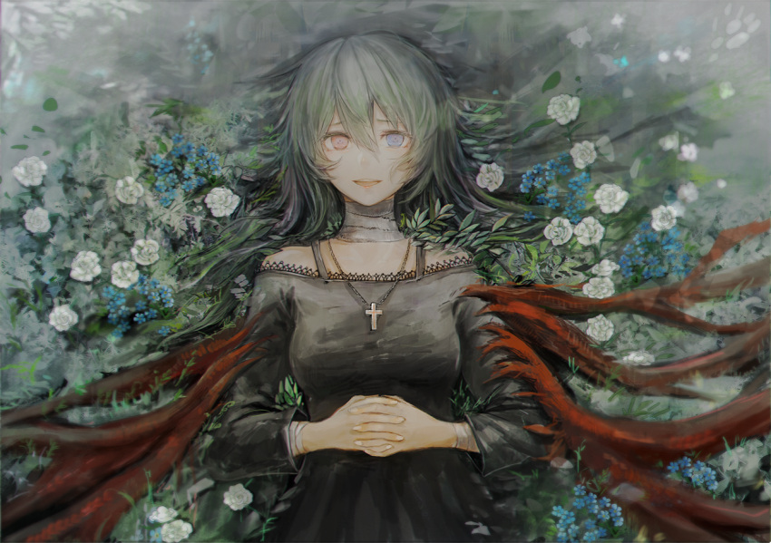 1girl :d bandaged_neck bandages bangs bare_shoulders black_dress blue_flower breasts commentary_request cross cross_necklace dress eto_(tokyo_ghoul) field flower flower_field from_above gradient gradient_background green_hair hair_between_eyes heterochromia interlocked_fingers jewelry latin_cross long_hair looking_at_viewer lying medium_breasts necklace on_back open_mouth own_hands_together smile solo straw_like tokyo_ghoul upper_teeth white_flower