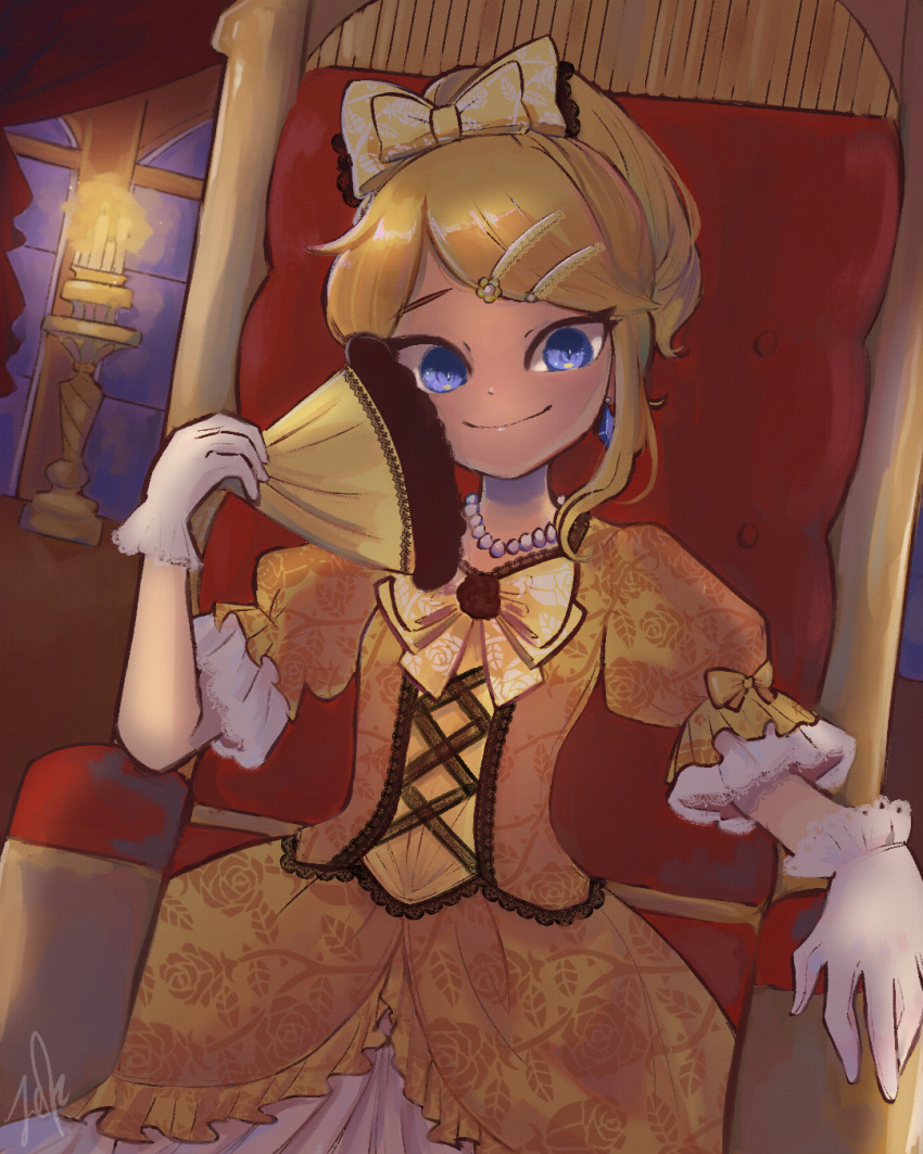 1girl aku_no_musume_(vocaloid) blonde_hair blue_eyes candle commentary dress dress_bow dutch_angle earrings elbow_rest evillious_nendaiki floral_print flower frilled_gloves frills gloves hair_ornament hairclip hand_fan highres holding holding_fan jewelry kagamine_rin lcfz necklace pearl_necklace riliane_lucifen_d'autriche rose rose_print short_sleeves smile solo throne throne_room tsurime updo vocaloid white_gloves window yellow_dress