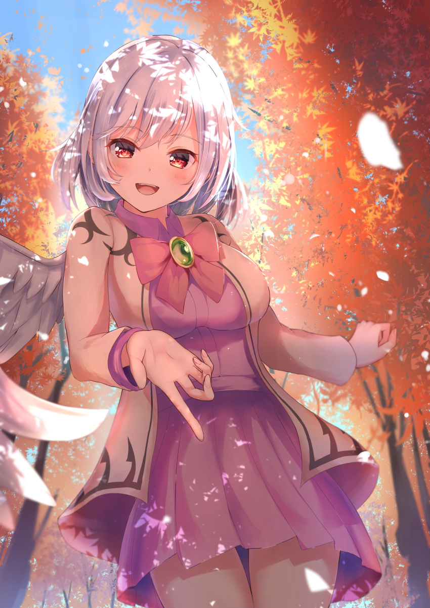 1girl absurdres autumn_leaves beige_jacket blush bow brooch cowboy_shot dress eyebrows_visible_through_hair feathered_wings hair_between_eyes highres jacket jewelry kishin_sagume leaf long_sleeves maple_leaf maple_tree niko_kusa open_mouth purple_dress red_bow red_eyes short_hair single_wing smile solo touhou tree white_hair wings