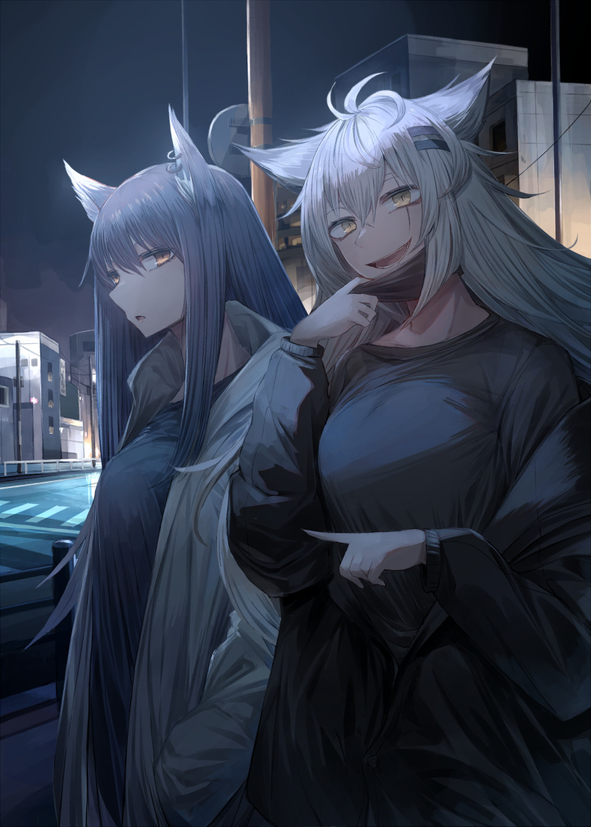 2girls ahoge animal_ear_fluff animal_ears arknights bangs black_hair black_jacket black_shirt earrings grin hair_between_eyes hair_ornament hairclip highres jacket jewelry lappland_(arknights) long_hair long_sleeves looking_at_viewer mask mask_pull miyabino_(miyabi1616) mouth_mask multiple_girls night open_mouth outdoors pointing_to_the_side pulled_by_self scar scar_across_eye shirt silver_hair smile texas_(arknights) white_jacket wolf_ears wolf_girl yellow_eyes