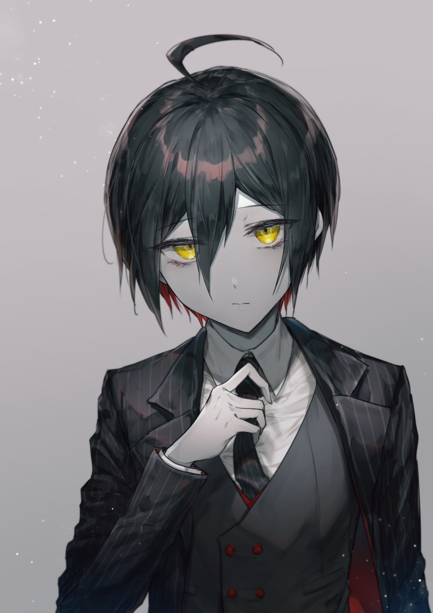 1boy adjusting_clothes adjusting_necktie ahoge bangs black_hair black_jacket black_neckwear black_vest buttons collared_shirt danganronpa_(series) danganronpa_v3:_killing_harmony double-breasted goto_(sep) gradient gradient_background grey_background hair_between_eyes hand_up highres jacket light_particles long_sleeves looking_at_viewer male_focus necktie red_jacket saihara_shuuichi shirt short_hair solo striped striped_jacket striped_neckwear two-sided_fabric two-sided_jacket upper_body vest white_shirt