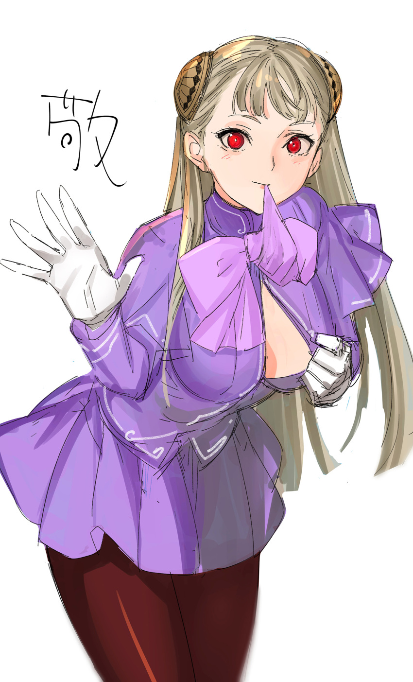 1girl absurdres brown_legwear capcom capcom_fighting_jam commentary_request gloves hairpods highres ingrid_(capcom) jacket long_hair mouth_hold open_clothes open_shirt pantyhose partially_unbuttoned platinum_blonde_hair pleated_skirt purple_jacket purple_ribbon purple_skirt red_eyes ribbon ribbon_in_mouth skirt solo tetsu_(kimuchi) unbuttoned unbuttoned_shirt white_gloves