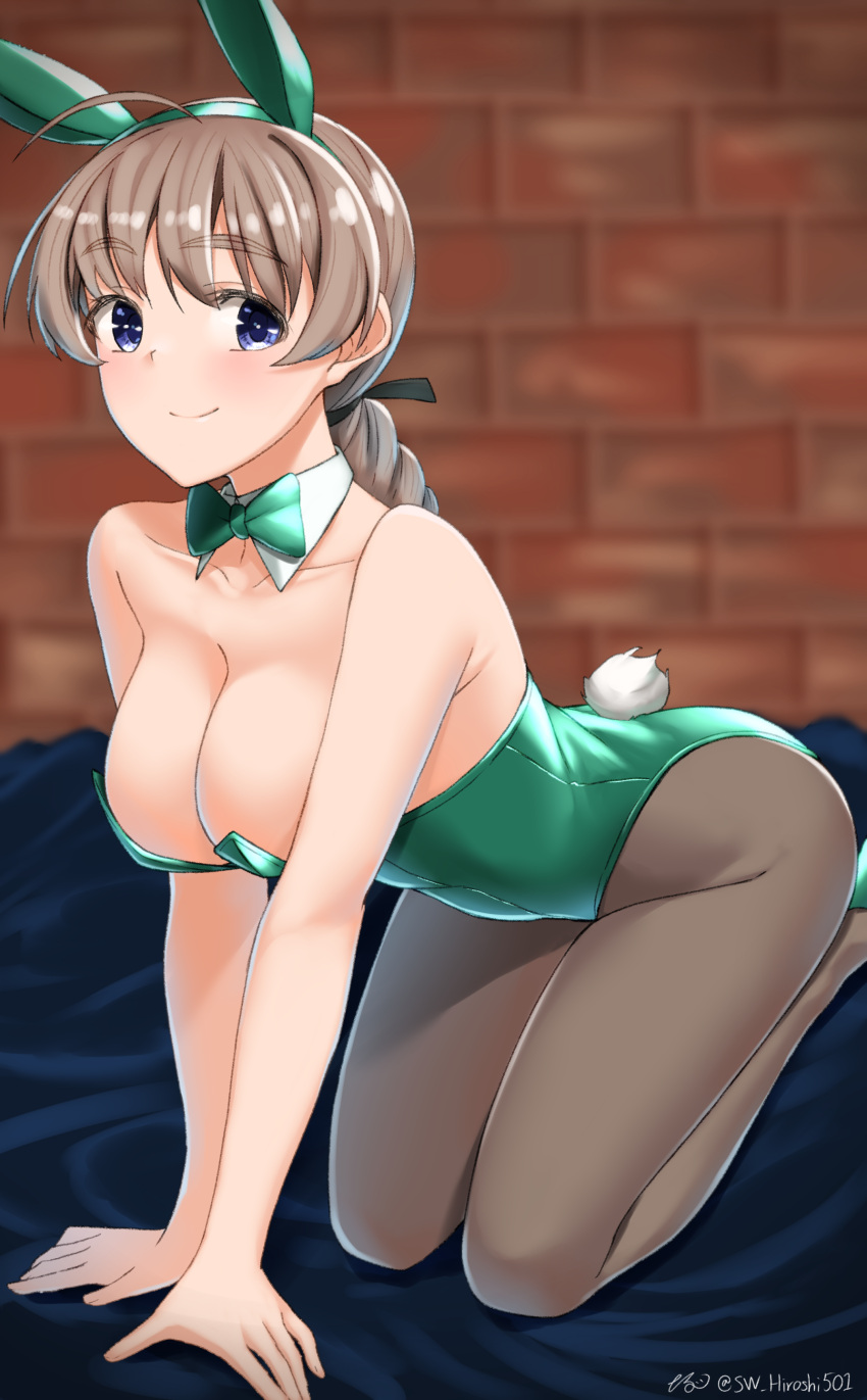 1girl absurdres ahoge animal_ears blue_eyes blush bow bowtie braid breasts brown_hair closed_mouth detached_collar fake_animal_ears fake_tail green_leotard highres hiroshi_(hunter-of-kct) kneeling large_breasts leotard long_hair looking_at_viewer lynette_bishop pantyhose playboy_bunny playboy_bunny_leotard rabbit_ears rabbit_tail single_braid smile solo strapless strapless_leotard strike_witches tail world_witches_series