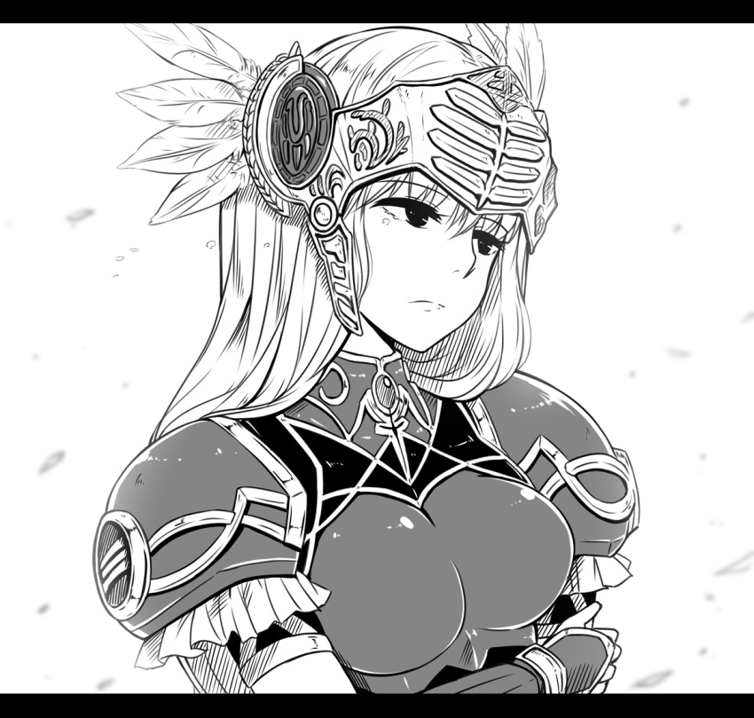 1girl armor armored_dress breasts closed_mouth feathers greyscale helmet kitayama_miuki lenneth_valkyrie letterboxed long_hair monochrome simple_background solo valkyrie valkyrie_profile very_long_hair white_background winged_helmet
