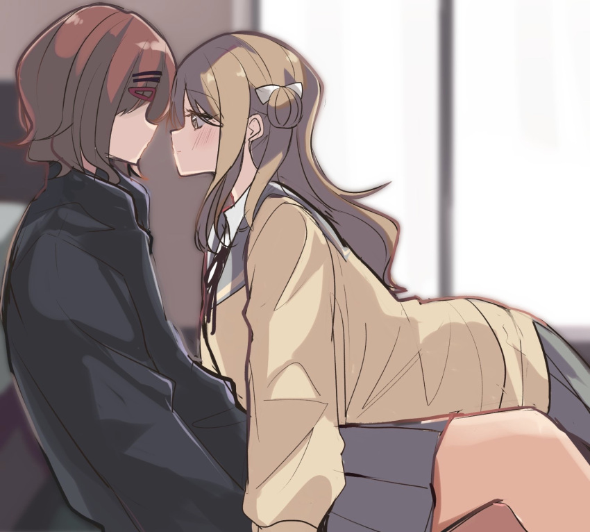 2girls bed blush brown_hair cardigan faceless faceless_female facing_another hair_bun haru_(tkmm_h12) highres higuchi_madoka ichikawa_hinana idolmaster idolmaster_shiny_colors imminent_kiss indoors light_smile looking_at_another multiple_girls on_floor pleated_skirt red_eyes school_uniform sitting sketch skirt sweatshirt yellow_cardigan yuri