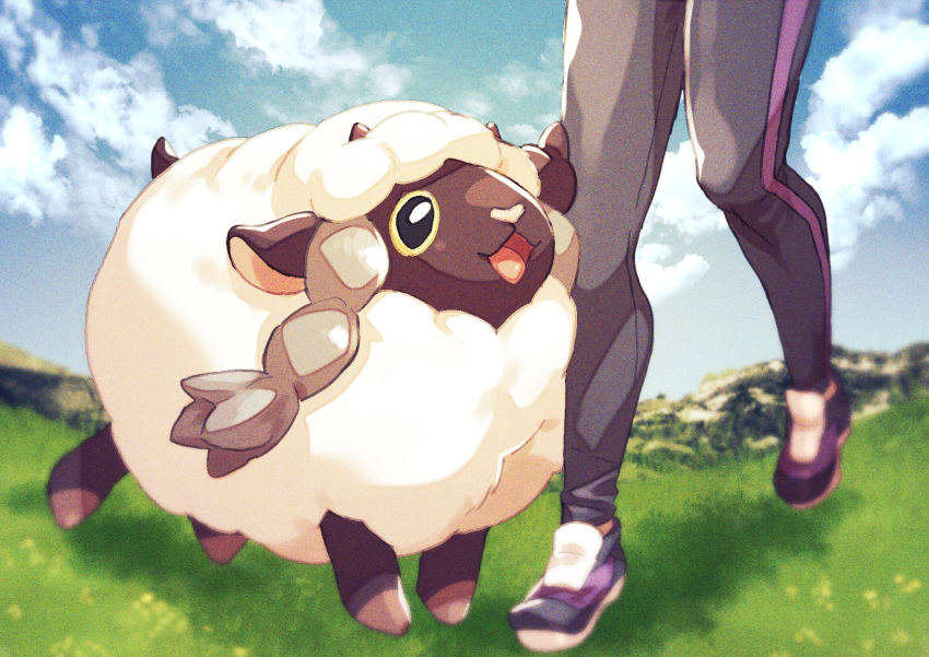1boy :d black_eyes blurry clouds day grass highres hop_(pokemon) komame_(st_beans) male_focus open_mouth outdoors pants pokemon pokemon_(creature) pokemon_(game) pokemon_swsh shoes sky smile standing tongue wooloo