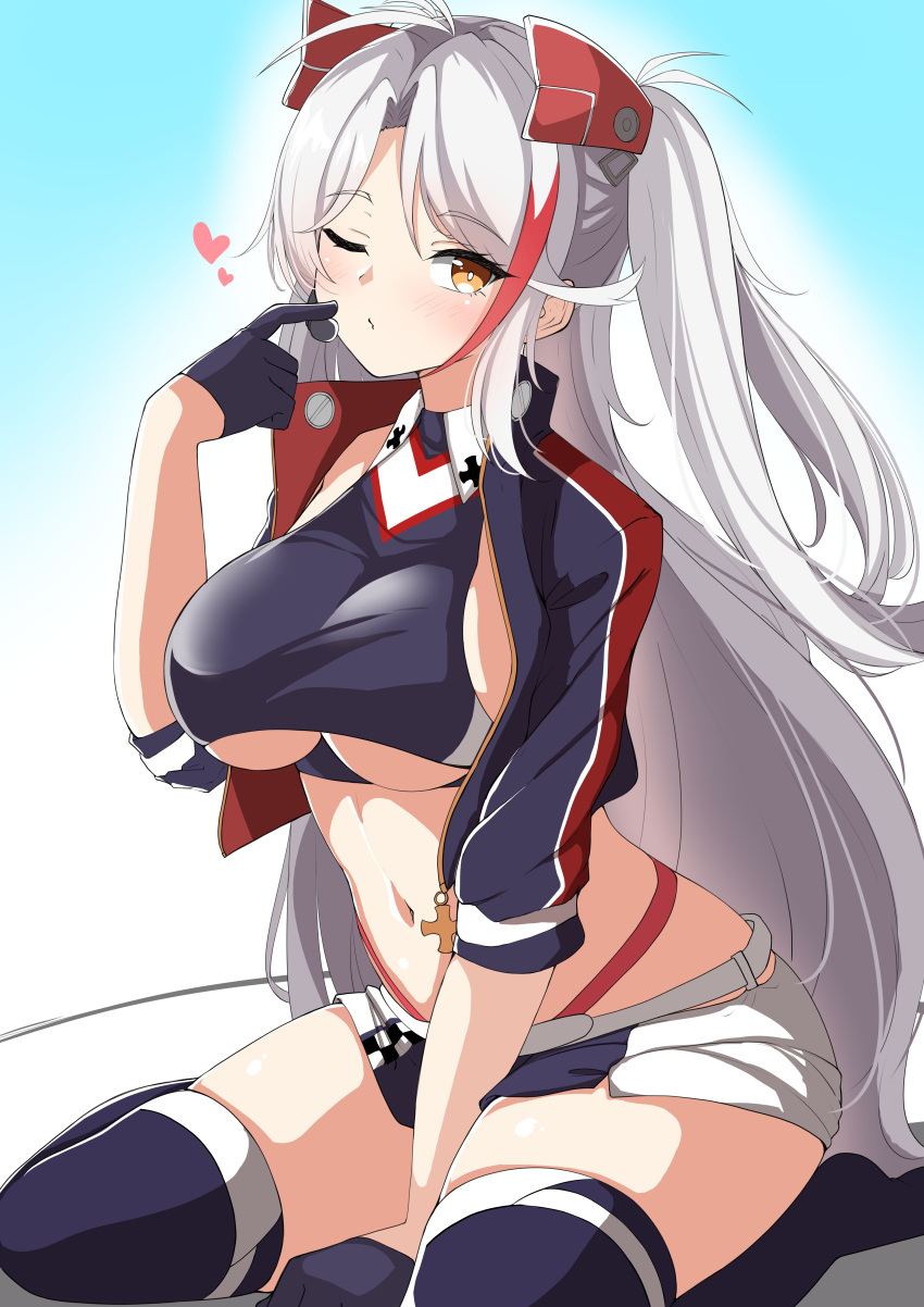 1girl absurdres azur_lane bangs black_gloves black_jacket black_legwear blush breasts brown_eyes checkered closed_mouth crop_top eyebrows_visible_through_hair gloves half_gloves hand_up headgear heart highres jacket long_hair moyoron multicolored_hair navel no_shoes one_eye_closed open_clothes open_jacket parted_bangs prinz_eugen_(azur_lane) redhead seiza short_sleeves sitting skirt solo streaked_hair thigh-highs two_side_up under_boob very_long_hair white_hair white_skirt
