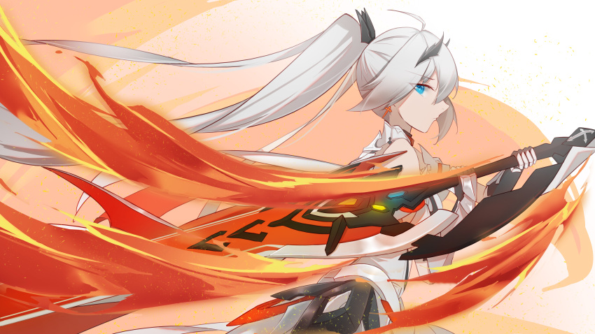 1girl absurdres antenna_hair armor bangs bare_shoulders black_gloves blue_eyes closed_mouth earrings fire flaming_sword flaming_weapon gauntlets gloves hair_between_eyes hair_ornament highres holding holding_sword holding_weapon honkai_(series) honkai_impact_3rd jewelry kiana_kaslana kiana_kaslana_(herrscher_of_flamescion) l1an9_(user_xdpk2425) looking_at_viewer looking_to_the_side ponytail solo sword weapon white_hair