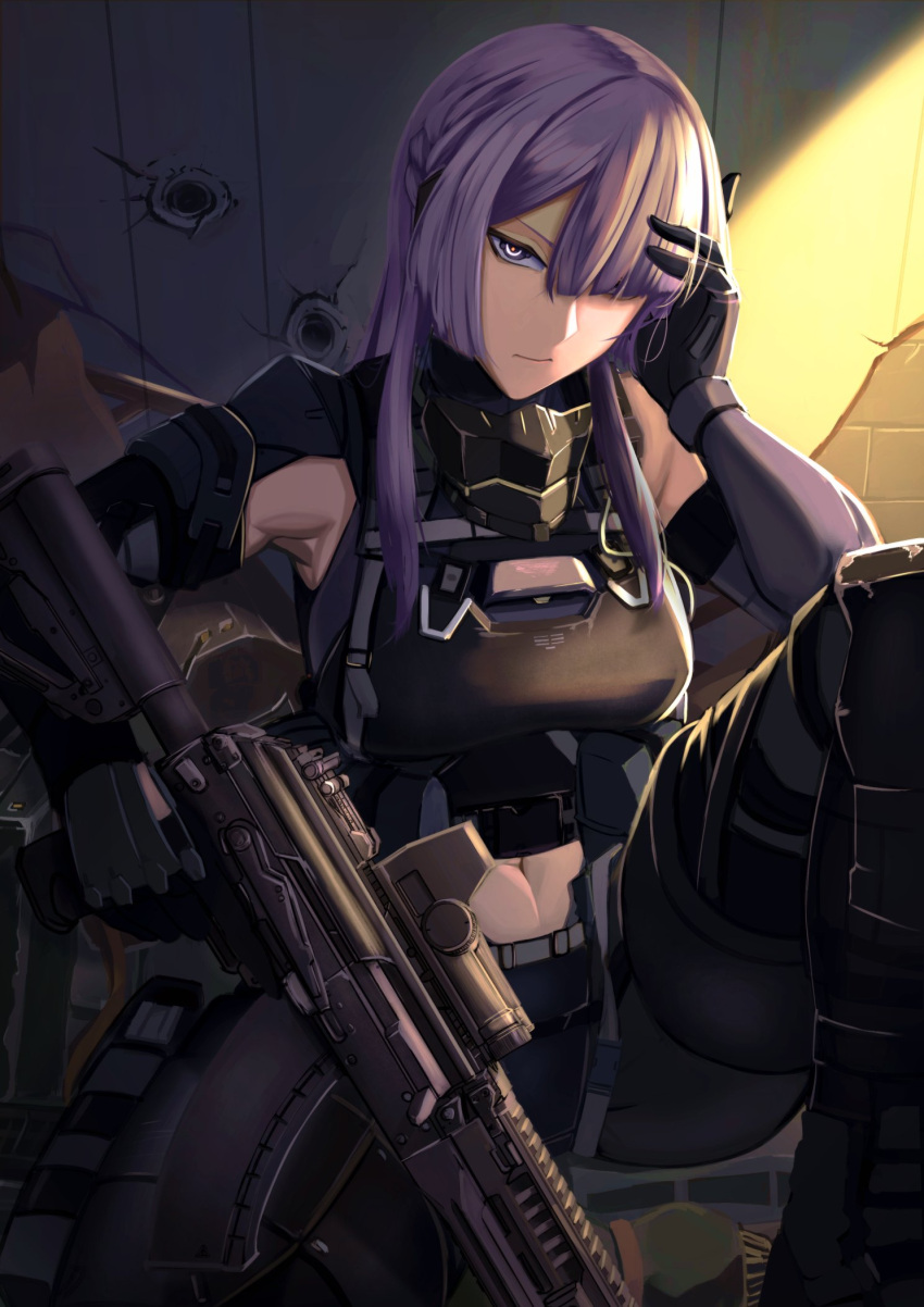 1girl abs ak-15_(girls'_frontline) armor artificial_eye assault_rifle bangs bare_shoulders black_gloves black_pants closed_mouth elbow_gloves girls_frontline gloves gun hair_over_one_eye hand_in_hair highres long_hair mask mask_removed mechanical_eye pants purple_hair replikia rifle squatting weapon