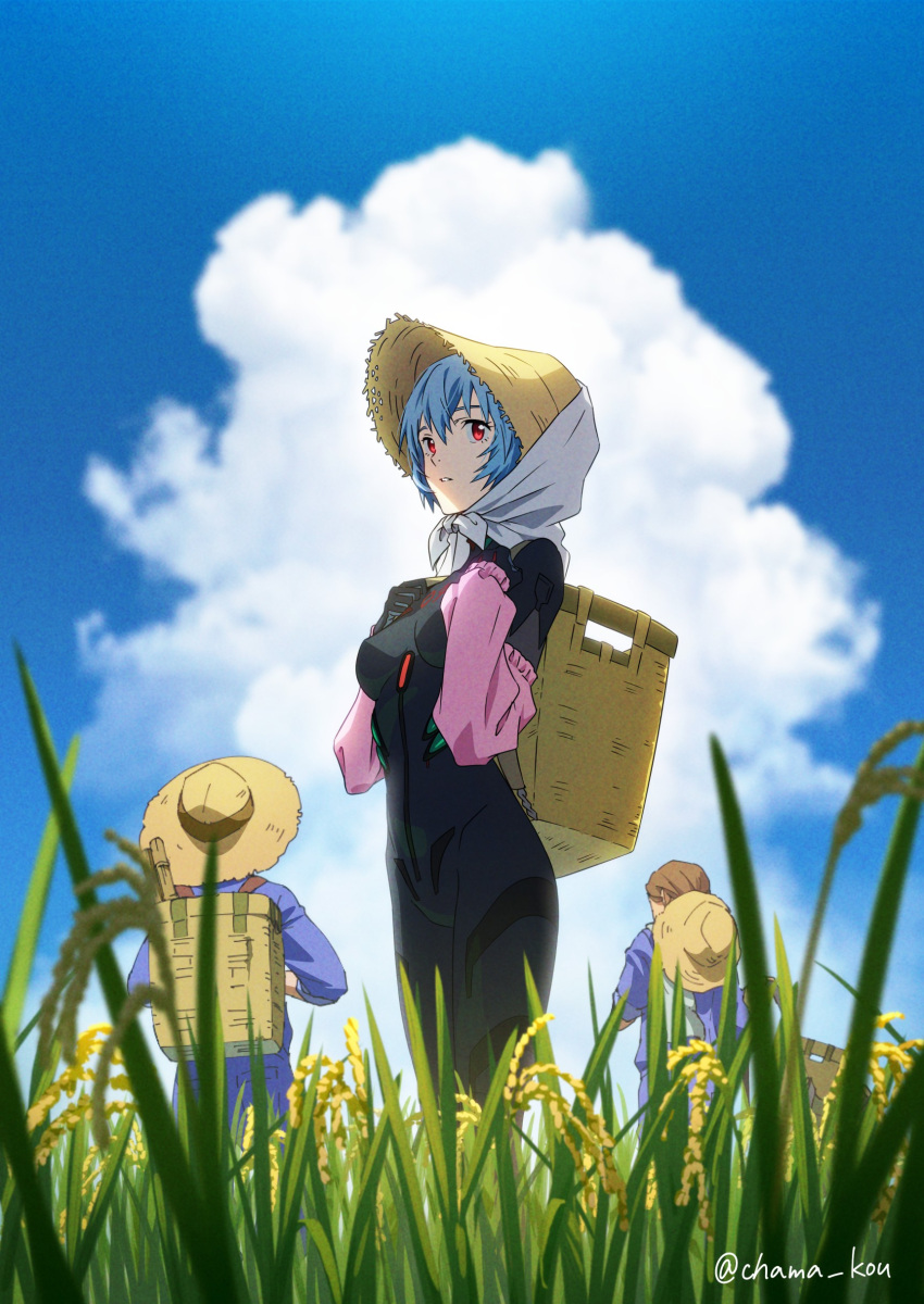 1girl 2boys absurdres artist_name ayanami_rei basket black_bodysuit blue_hair bodysuit breasts brown_headwear chama_kou clouds commentary cumulonimbus_cloud day detached_sleeves eva_(metal_gear) evangelion:_3.0+1.0_thrice_upon_a_time farming from_below from_side grass hat head_scarf highres holding_strap looking_at_viewer looking_to_the_side medium_breasts multiple_boys neon_genesis_evangelion outdoors pink_sleeves rebuild_of_evangelion red_eyes rice rice_planting short_hair sky solo standing straw_hat sun_hat twitter_username white_bandana