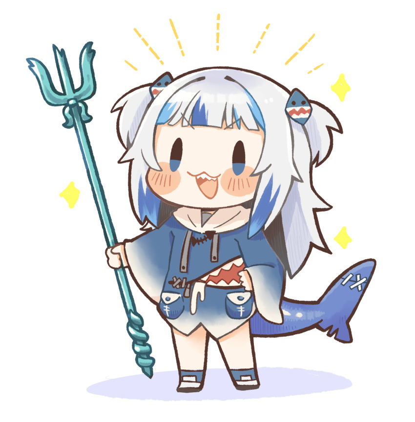 1girl :3 :d bangs blue_eyes blue_hair blunt_bangs blush_stickers chibi commentary dated_commentary fish_tail full_body gawr_gura hair_ornament hairclip highres hololive hololive_english long_hair long_sleeves multicolored_hair open_mouth polearm pouch same_anko shark_hair_ornament shark_tail sharp_teeth simple_background smile solo streaked_hair tail teeth trident two-tone_hair two_side_up v-shaped_eyebrows virtual_youtuber weapon white_background white_hair wide_sleeves