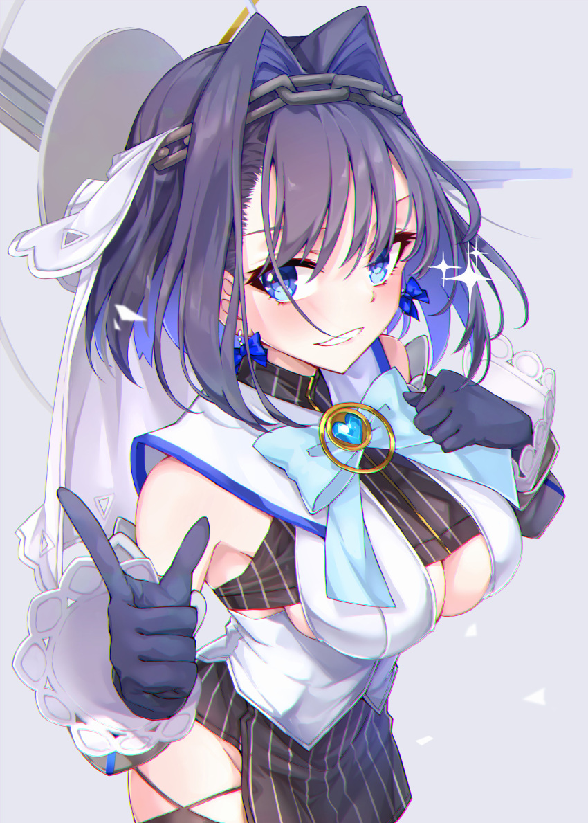 1girl :d absurdres bangs black_gloves black_skirt blue_bow blue_eyes blush bow bow_earrings breasts clothing_cutout detached_sleeves earrings gloves grey_background hair_between_eyes hair_intakes highres hololive hololive_english jewelry looking_at_viewer medium_breasts medium_hair multicolored_hair open_mouth ouro_kronii pendant pointing pointing_up sidelocks simple_background skirt smile solo striped striped_skirt thigh-highs two-tone_hair underboob_cutout veil vest virtual_youtuber white_vest yuukauta
