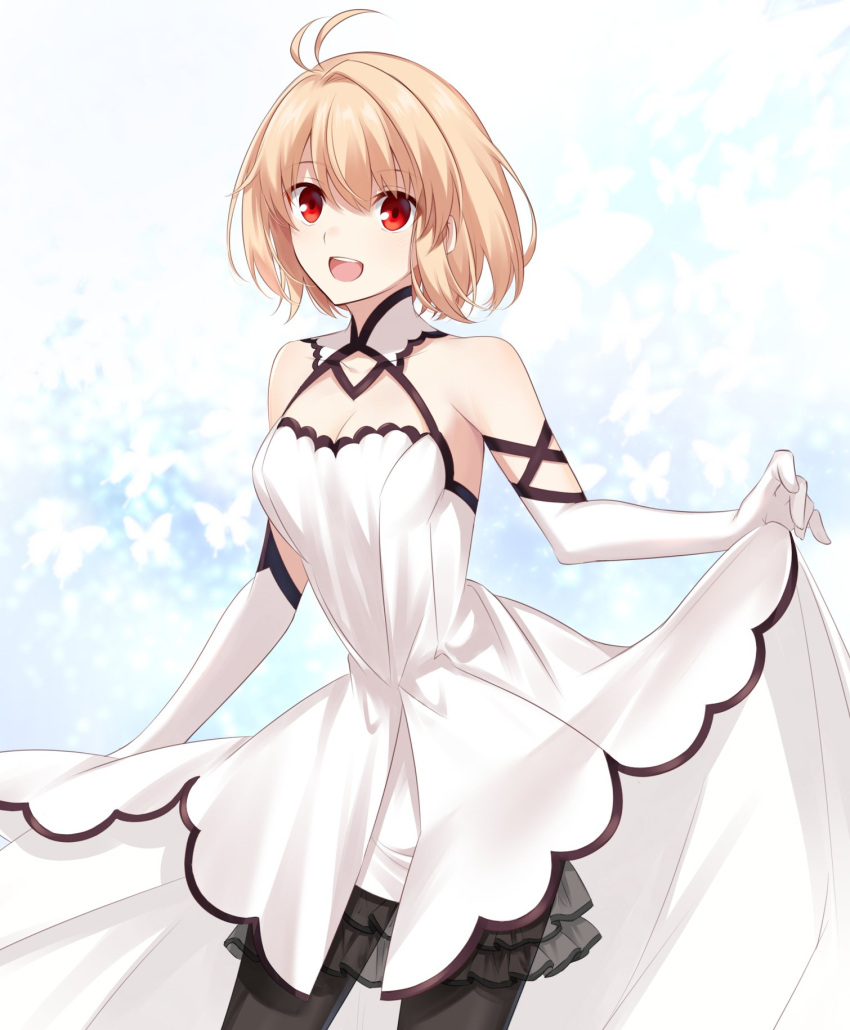 1girl alternate_costume antenna_hair arcueid_brunestud bangs bare_shoulders black_legwear blonde_hair breasts commentary_request detached_collar detached_sleeves dress elbow_gloves eyebrows_visible_through_hair gloves hair_between_eyes highres long_dress looking_at_viewer medium_breasts nemu_mohu official_alternate_costume open_mouth pantyhose red_eyes short_hair skirt_hold sleeveless sleeveless_dress smile solo strapless strapless_dress tsukihime tsukihime_(remake) upper_teeth vampire white_dress white_gloves white_sleeves