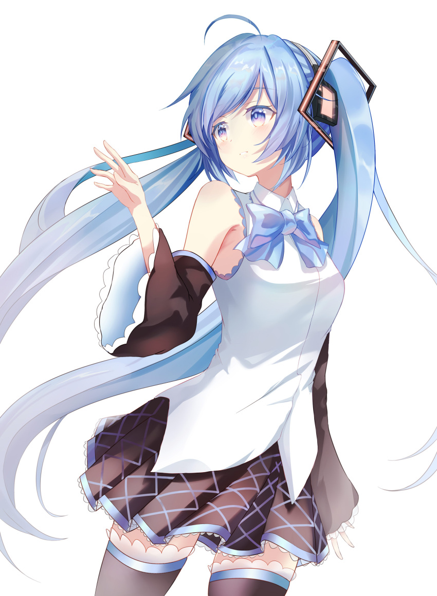 1girl ahoge bangs black_legwear black_skirt black_sleeves blue_eyes blue_hair blue_neckwear collared_shirt detached_sleeves floating_hair hatsune_miku highres hishiki_(pixi14719710) long_hair long_sleeves miniskirt parted_lips pleated_skirt print_skirt shiny shiny_hair shirt simple_background skirt sleeveless sleeveless_shirt solo standing swept_bangs thigh-highs twintails very_long_hair vocaloid white_background white_shirt wing_collar zettai_ryouiki