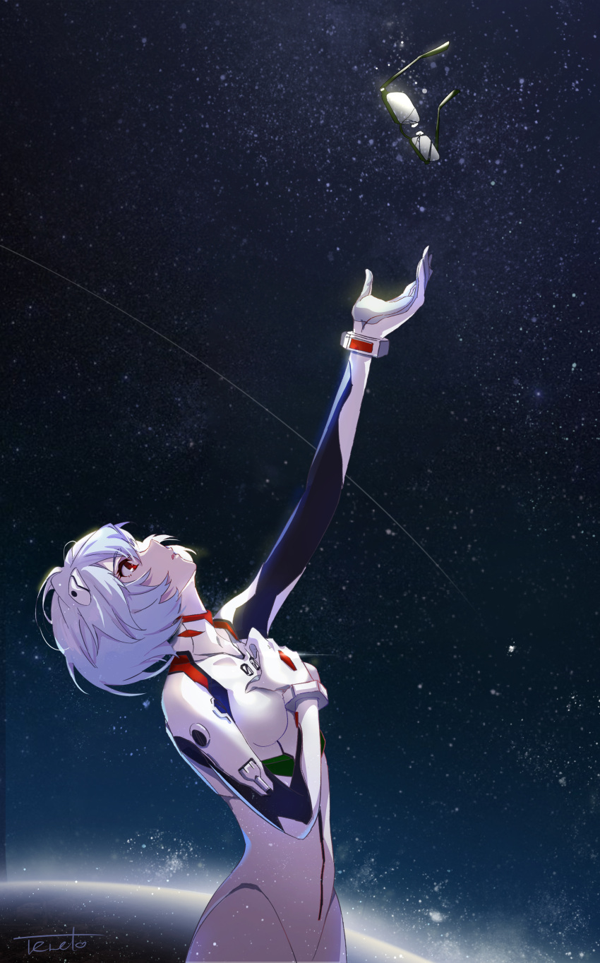1girl absurdres arm_up artist_name ayanami_rei black_background blue_hair bodysuit broken commentary cracked_glass floating floating_object glasses hair_strand hand_on_own_chest highres interface_headset looking_up messy_hair neon_genesis_evangelion pilot_suit plugsuit reaching_out red_eyes shooting_star short_hair signature sky solo space star_(sky) starry_background starry_sky teneko upper_body white_bodysuit