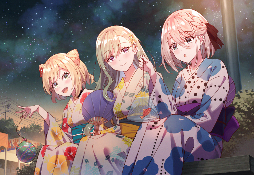 3girls :o bangs blonde_hair blue_eyes blush braid breasts crown_braid double_bun eyebrows_visible_through_hair head_tilt highres iris_black_games japanese_clothes kaga_sumire kimono koh_rd kurumi_noah long_hair looking_ahead looking_at_viewer lupinus_virtual_games medium_breasts multiple_girls obi official_art sash short_hair sitting smile virtual_youtuber vspo! yakumo_beni yukata