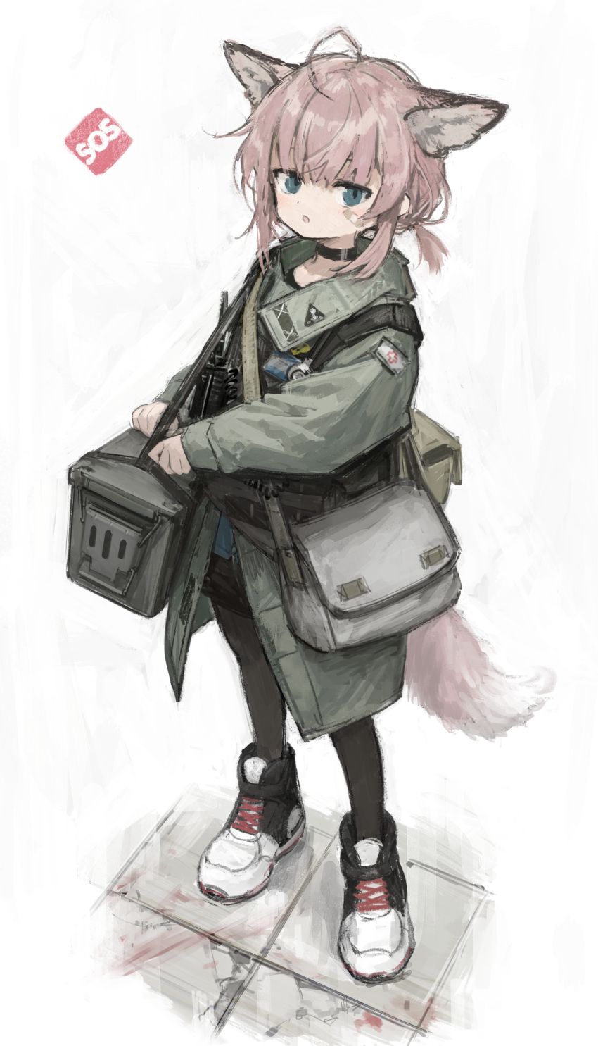 1girl :o ahoge alternate_costume animal_ears arknights bag bandaid bandaid_on_face black_footwear black_legwear black_shorts blue_eyes blue_shirt commentary extra_ears fox_ears fox_girl fox_tail full_body green_jacket highres jacket looking_at_viewer mrtpkids open_mouth pantyhose pouch shirt shoes short_hair short_twintails shorts shoulder_bag sidelocks simple_background solo standing stethoscope sussurro_(arknights) symbol-only_commentary tail twintails two-tone_footwear white_background white_footwear
