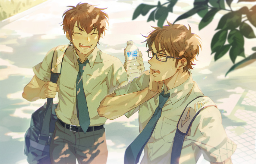 2boys absurdres ace_of_diamond bag belt black_belt bottle brown_eyes brown_hair closed_eyes day glasses grey_pants hand_on_own_face highres holding holding_bottle looking_at_another male_focus miyuki_kazuya multiple_boys necktie open_mouth outdoors pants sato_(sato_1_11) sawamura_eijun school_bag school_uniform shirt short_hair sideburns smile sweat teeth water_bottle white_shirt