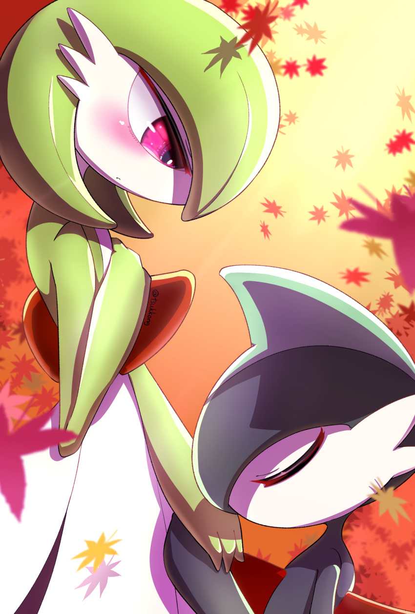 1boy 1girl artist_name autumn_leaves bangs blush bob_cut closed_eyes closed_mouth colored_skin commentary_request cowboy_shot day flat_chest from_side gallade gardevoir gradient gradient_background green_hair green_skin grey_hair grey_skin half-closed_eyes hand_on_own_chest hand_up highres holding_hands kiss kissing_hand looking_at_another looking_down multicolored multicolored_skin orange_background outdoors pink_eyes pokemon pokemon_(creature) profile short_hair sideways_mouth signature standing tsukkon twitter_username two-tone_skin white_skin